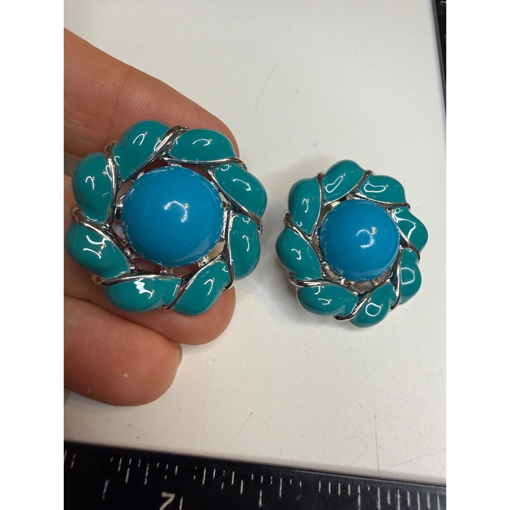 Blue Teal Enamel Flower Clip On Earrings Silver Tone Statement Jewelry